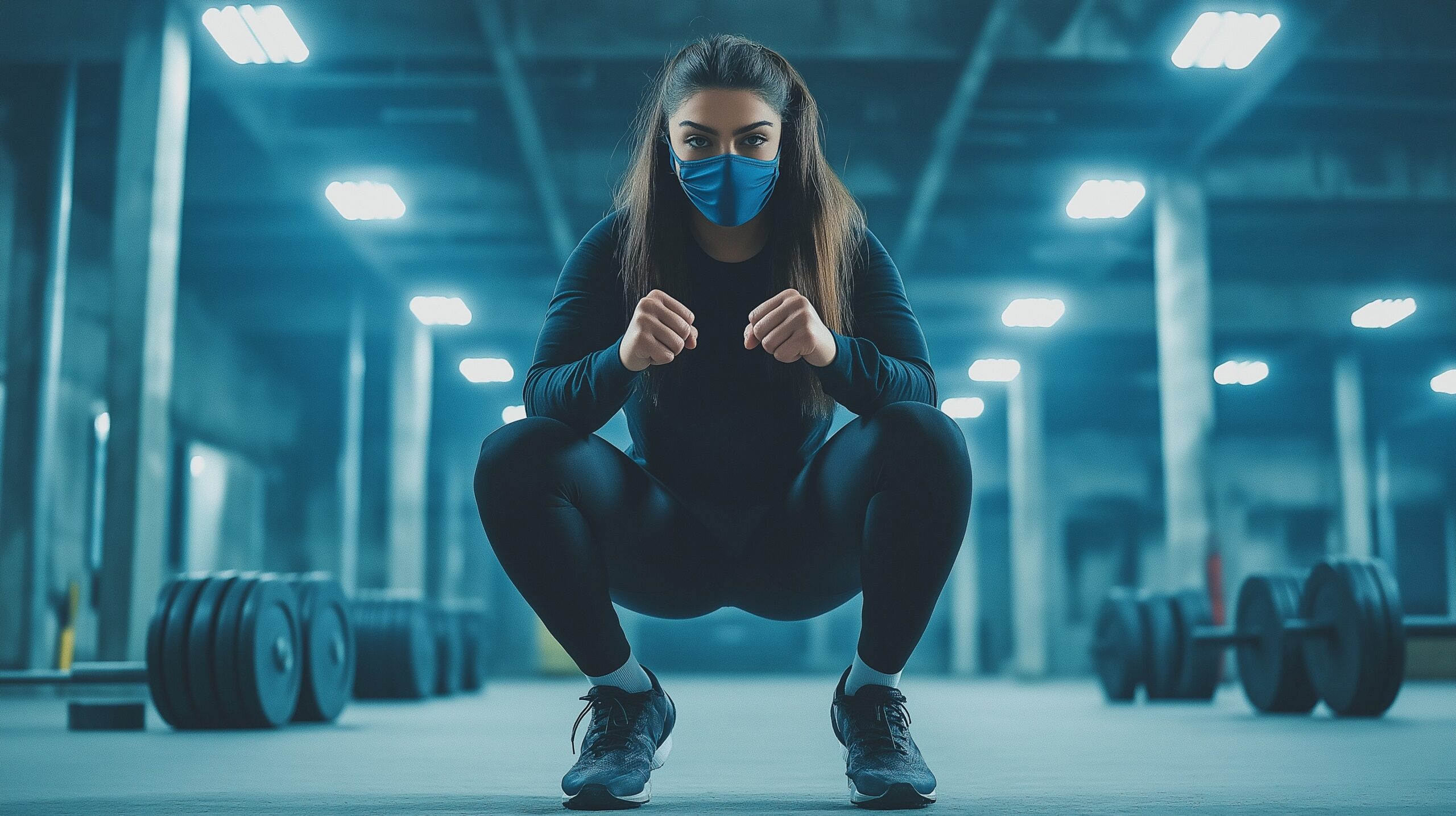 woman in athletic gear and a mask crouching in a gym, surrounded by weights, with a determined look