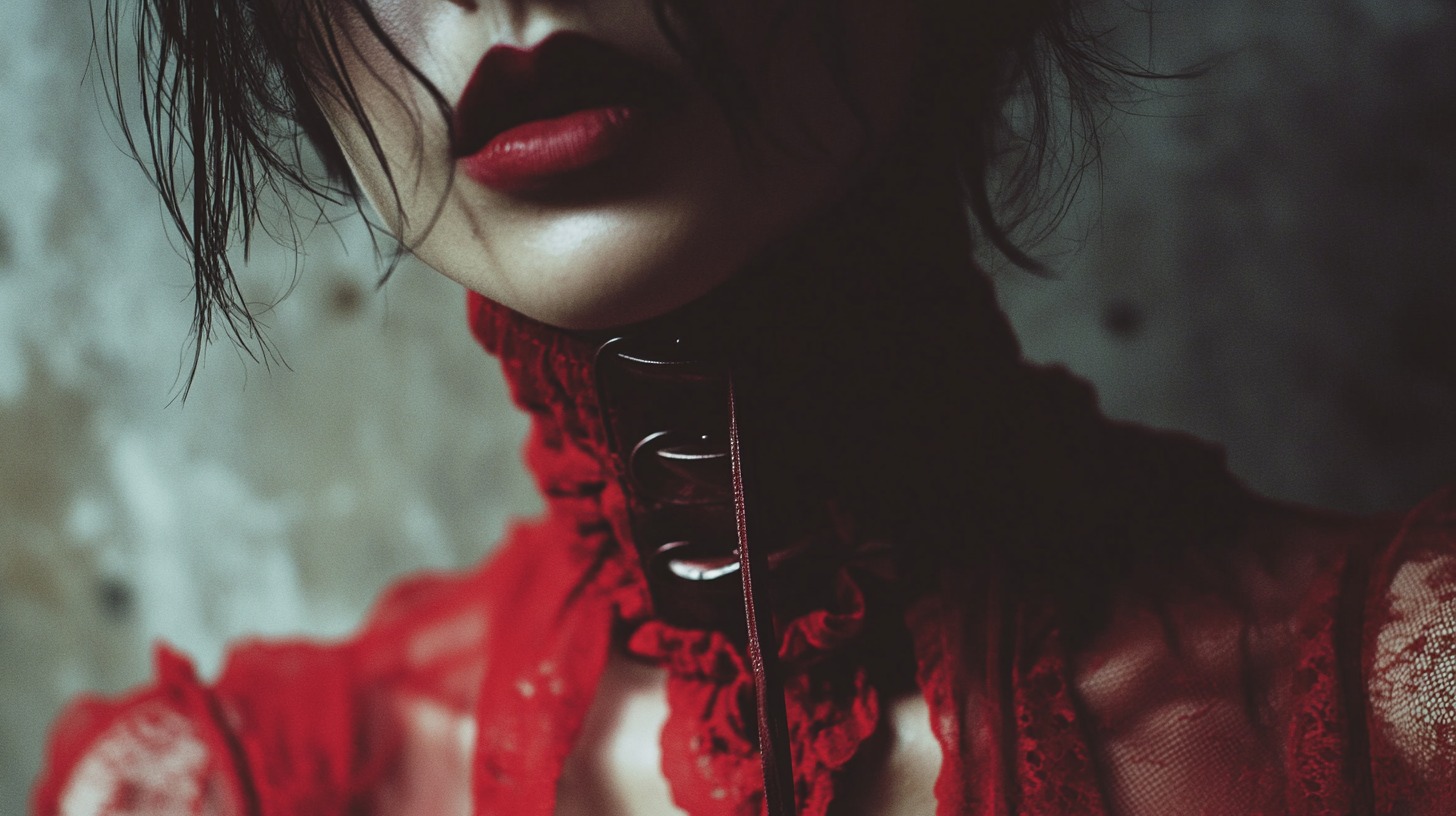 Close-up of a woman's lips and neck adorned with a red lace choker and bold red lipstick, evoking mystery and elegance