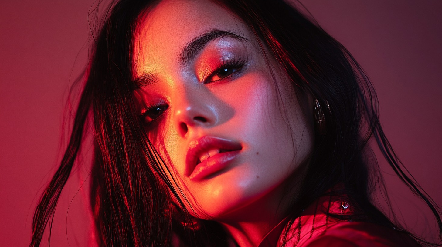 Close-up of a woman's face illuminated by dramatic red and pink lighting, exuding confidence