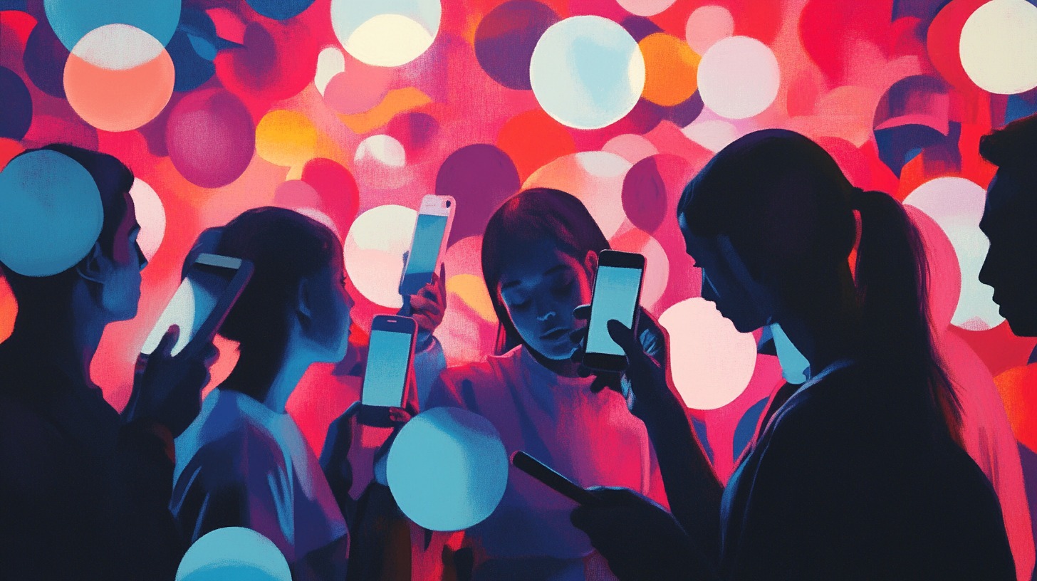 Silhouettes of people holding smartphones, surrounded by colorful abstract circles, symbolizing social media activity