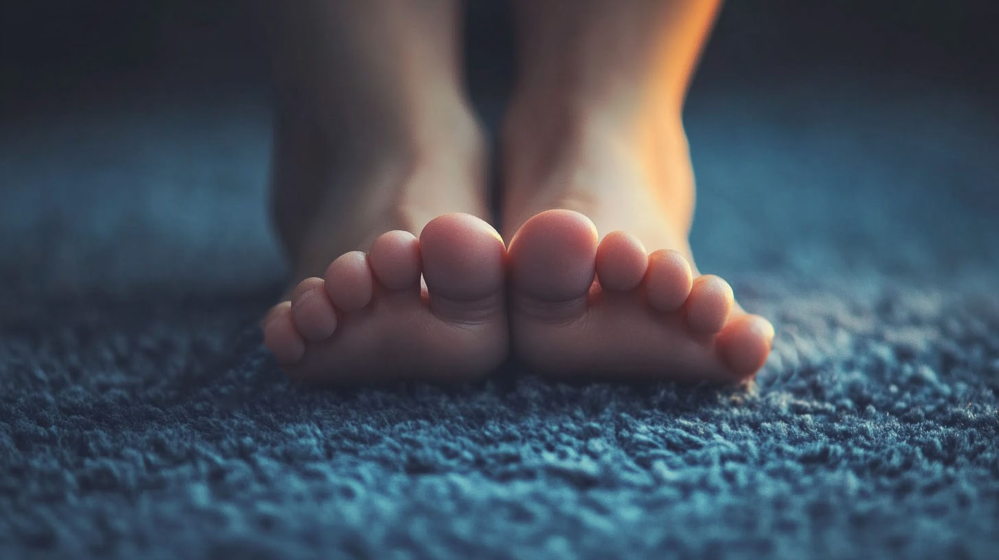 close-up of feet resting on a soft carpet, illuminated by warm, natural light