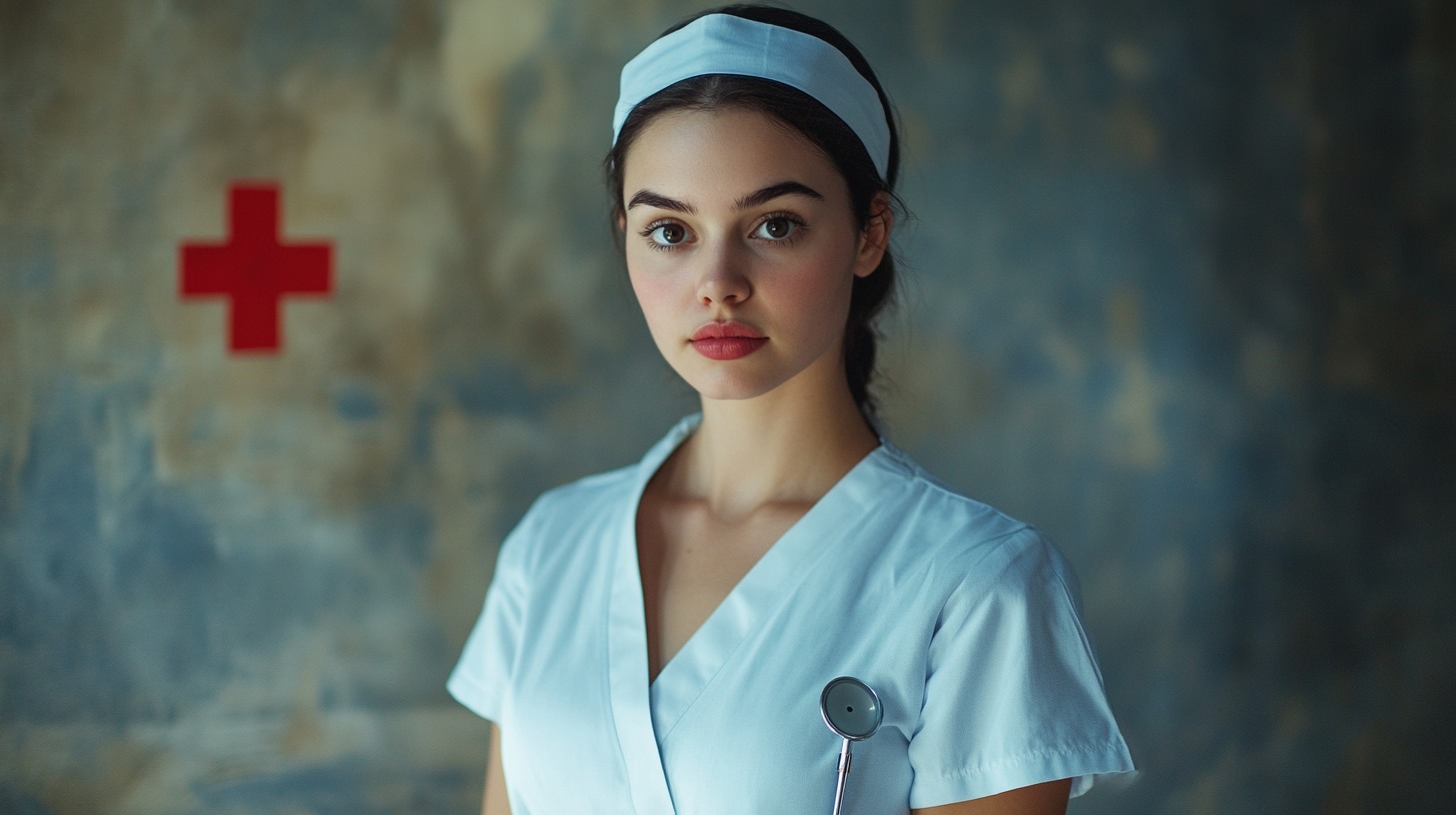 A young nurse in a white uniform with a stethoscope, standing against a neutral background with a red cross symbol