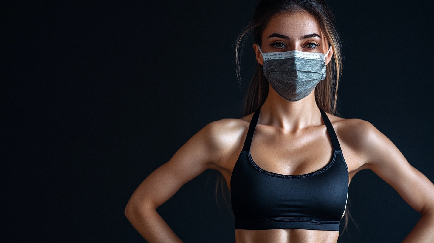 A fit woman wearing a sports bra and a protective mask, confidently standing against a dark background