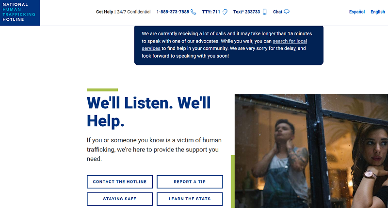 Screenshot of the National Human Trafficking Hotline website offering confidential help and resources for victims, with contact options and a notice about call wait times