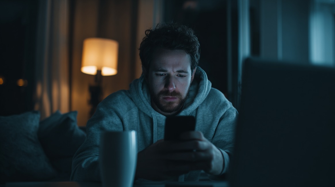 Man indoors at night looking down at a smartphone with a serious expression