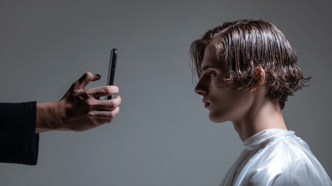 Side view of a young person looking at a phone held by someone else against a plain background