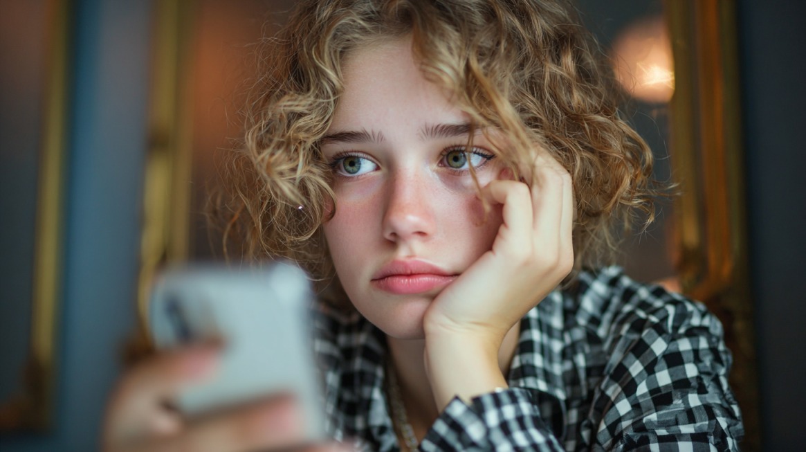 Close-up of a young person holding a smartphone and resting their face on their hand.