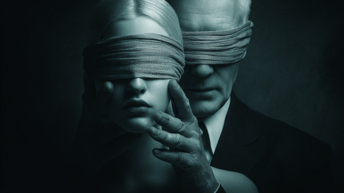Stylized image of two blindfolded people with one positioned behind the other, suggesting control
