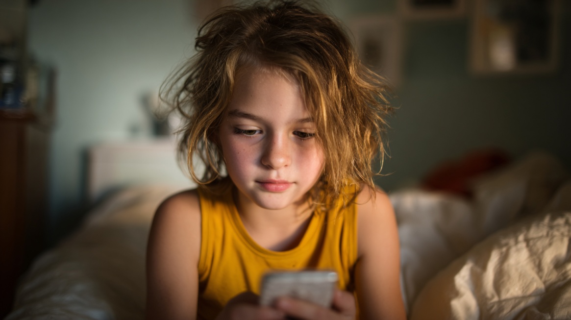 Child sitting on a bed using a smartphone with focused expression