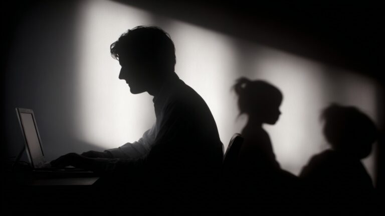 Silhouette of a person using a computer with shadowy figures in the background suggesting hidden online dangers