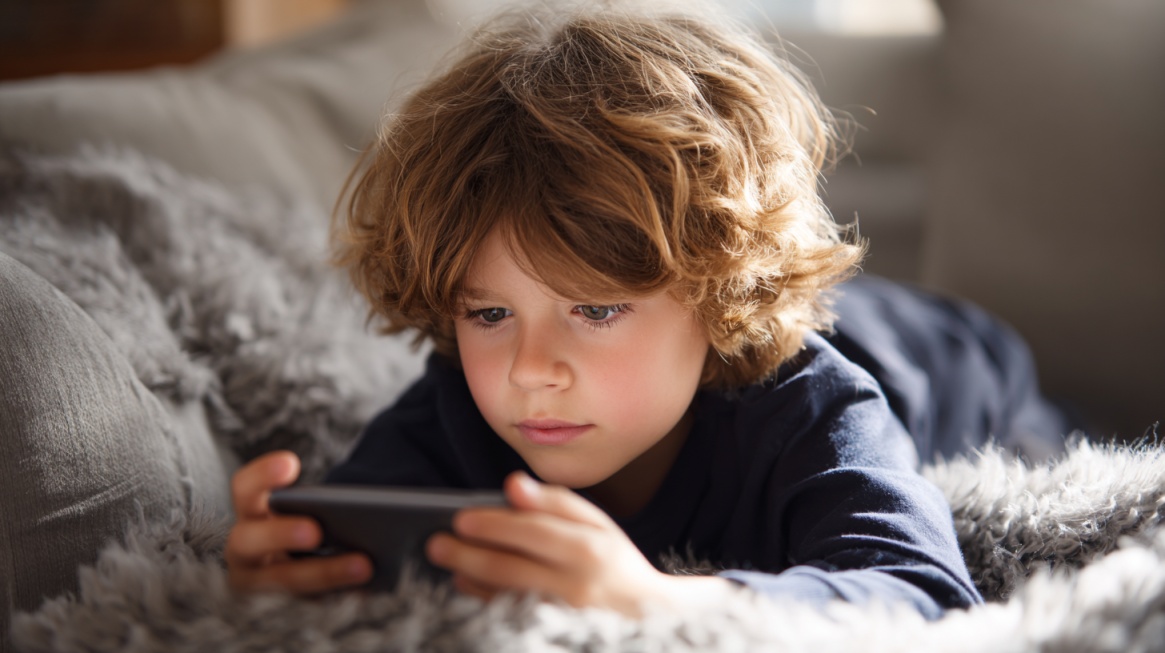 Young child lying on a couch focused on a smartphone