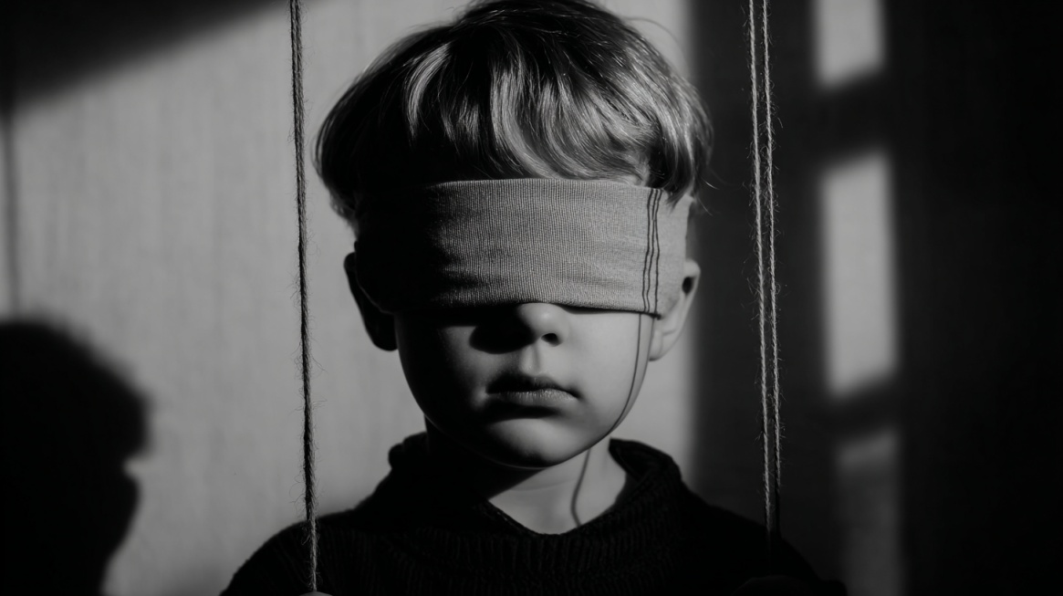 Child with eyes covered by a blindfold symbolizing loss of control and manipulation