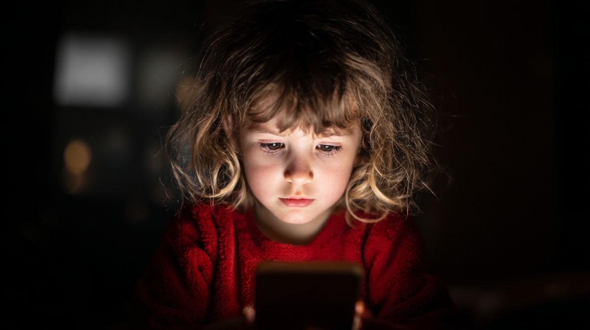 Young child looking at a smartphone screen in a dimly lit room
